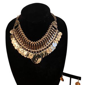 Statement bib necklace. Sequin brand gold tone necklace & matching drop earrings